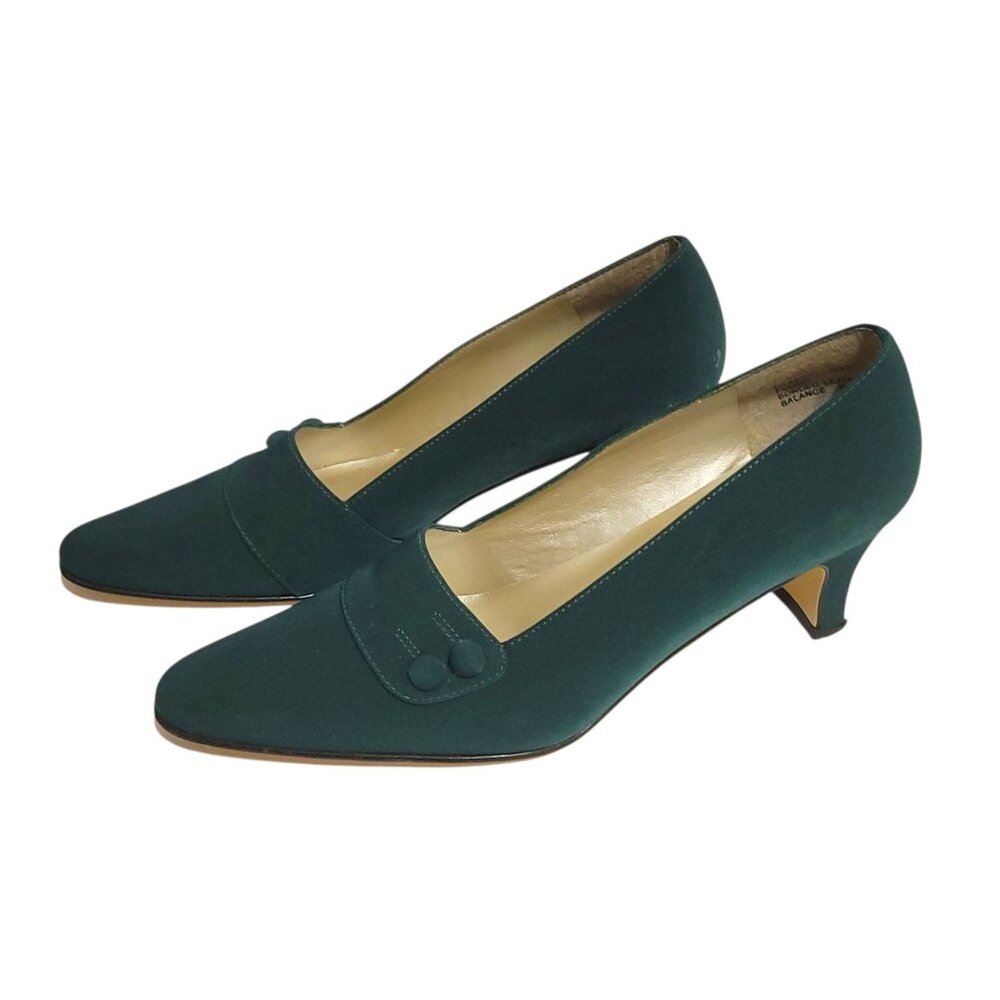 Vintage Laura Scott Green Satin Kitten Heel Shoes Size 6.5 With Button Detail - Picture 9 of 16